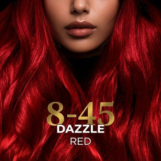 StayMyx Plant Hair Color in 8-45 Dazzle Red; a professional conditioning German formula designed for vibrant red results, ultra-soft deep shine, and a comfortable application without skin staining.
