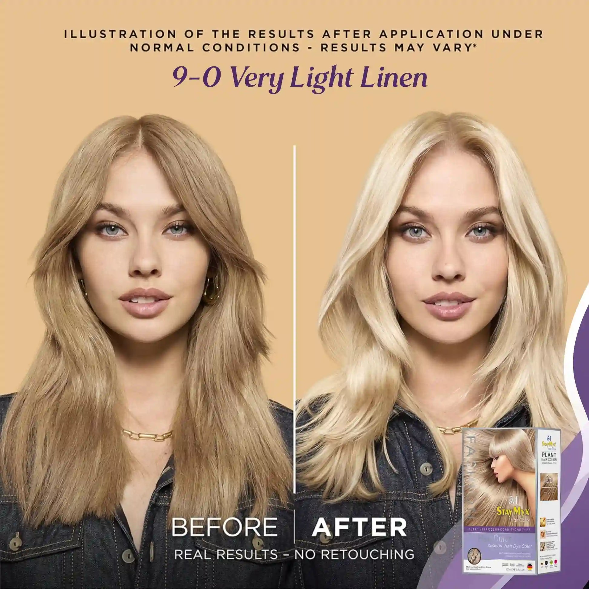 StayMyx 9-0 Very Light Linen Blonde Hair Color Before and After Transformation, Real Results with No Retouching, Professional Ammonia-Free Plant Based Permanent Dye for Natural Light Blonde Shine.