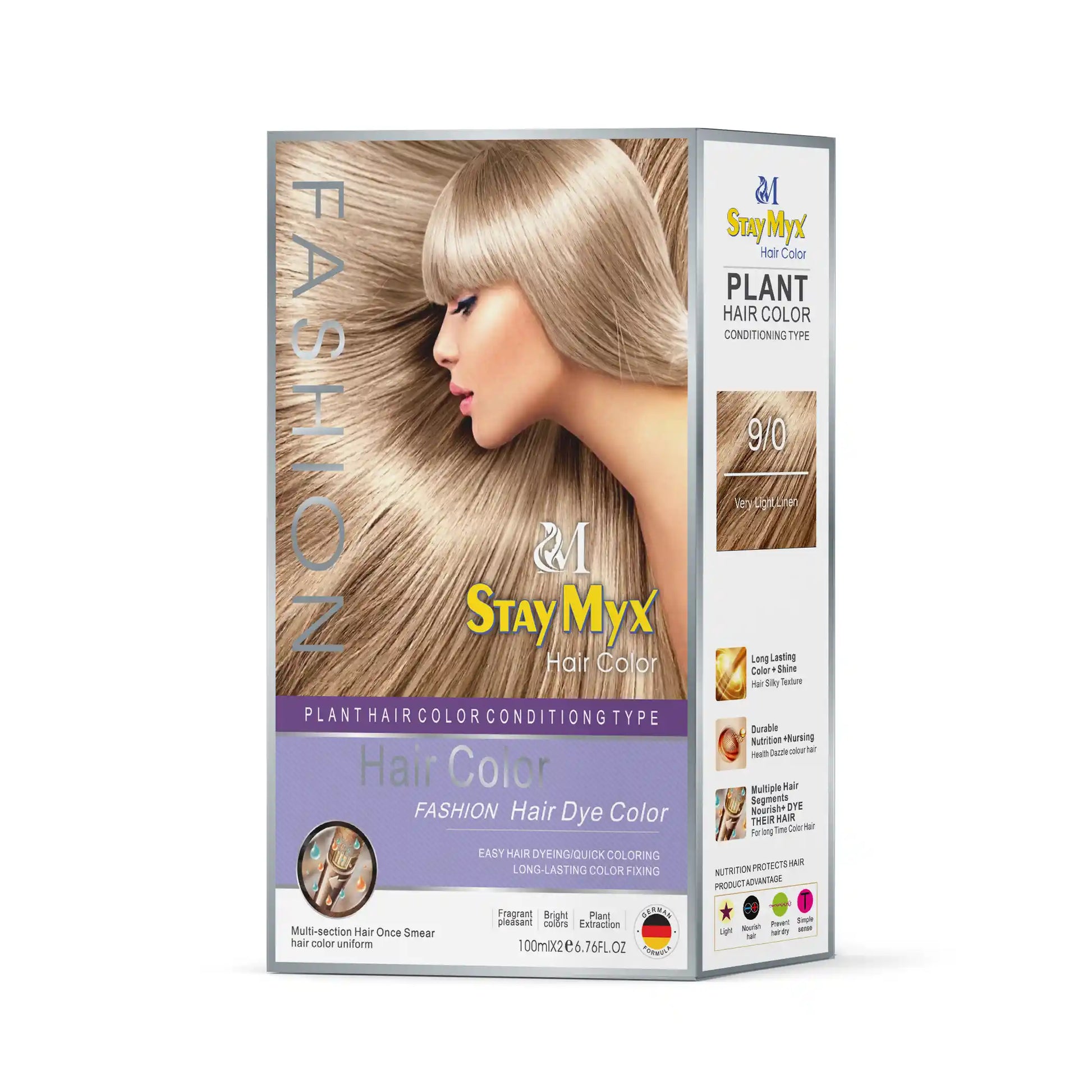 StayMyx 9/0 Very Light Linen Blonde Hair Color, Professional Plant-Based Conditioning Dye, German Formula for Natural Light Blonde Results, Ammonia-Free Permanent Hair Color with Long-Lasting Shine and Silky Texture