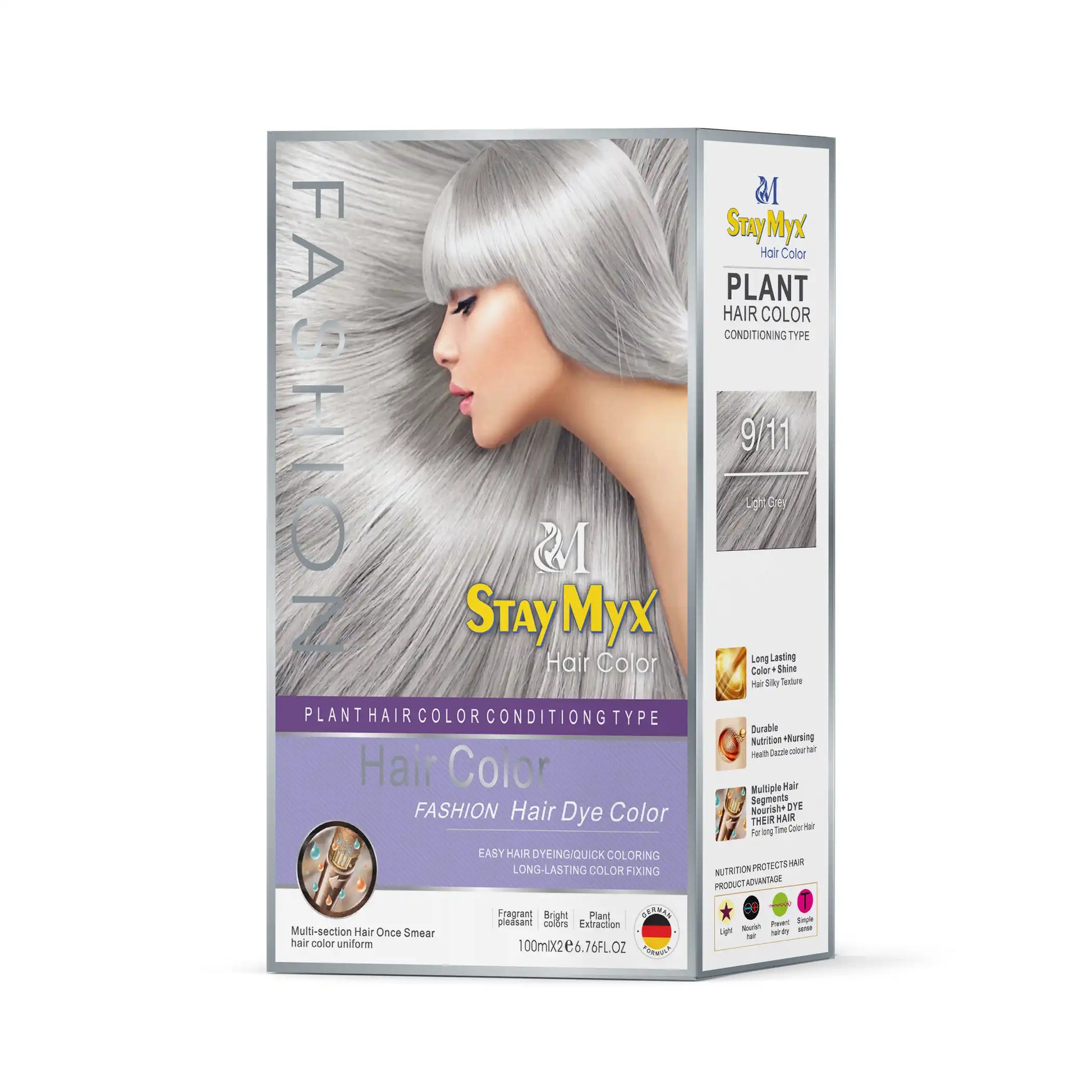 StayMyx 9/11 Light Grey Fashion Hair Color, Professional Plant-Based Conditioning Dye, German Formula for Metallic Silver Grey Results, Ammonia-Free Permanent Color with Long-Lasting Shine.
