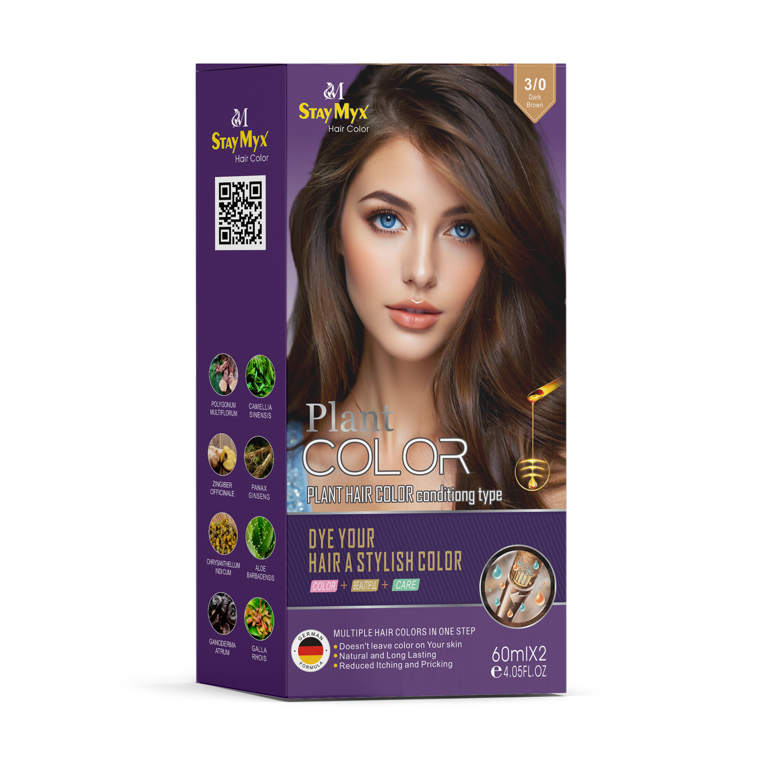 StayMyx 3/0 Dark Brown Plant Hair Color for Women, Ammonia-Free German Formula for Silky Natural Brown Results, Professional Permanent Dye with 8 Herbal Extracts and 100% Grey Coverage.