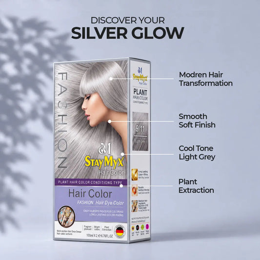 StayMyx Plant Hair Color 9/11 Light Grey for a cool silver hair color transformation with a smooth, soft finish.