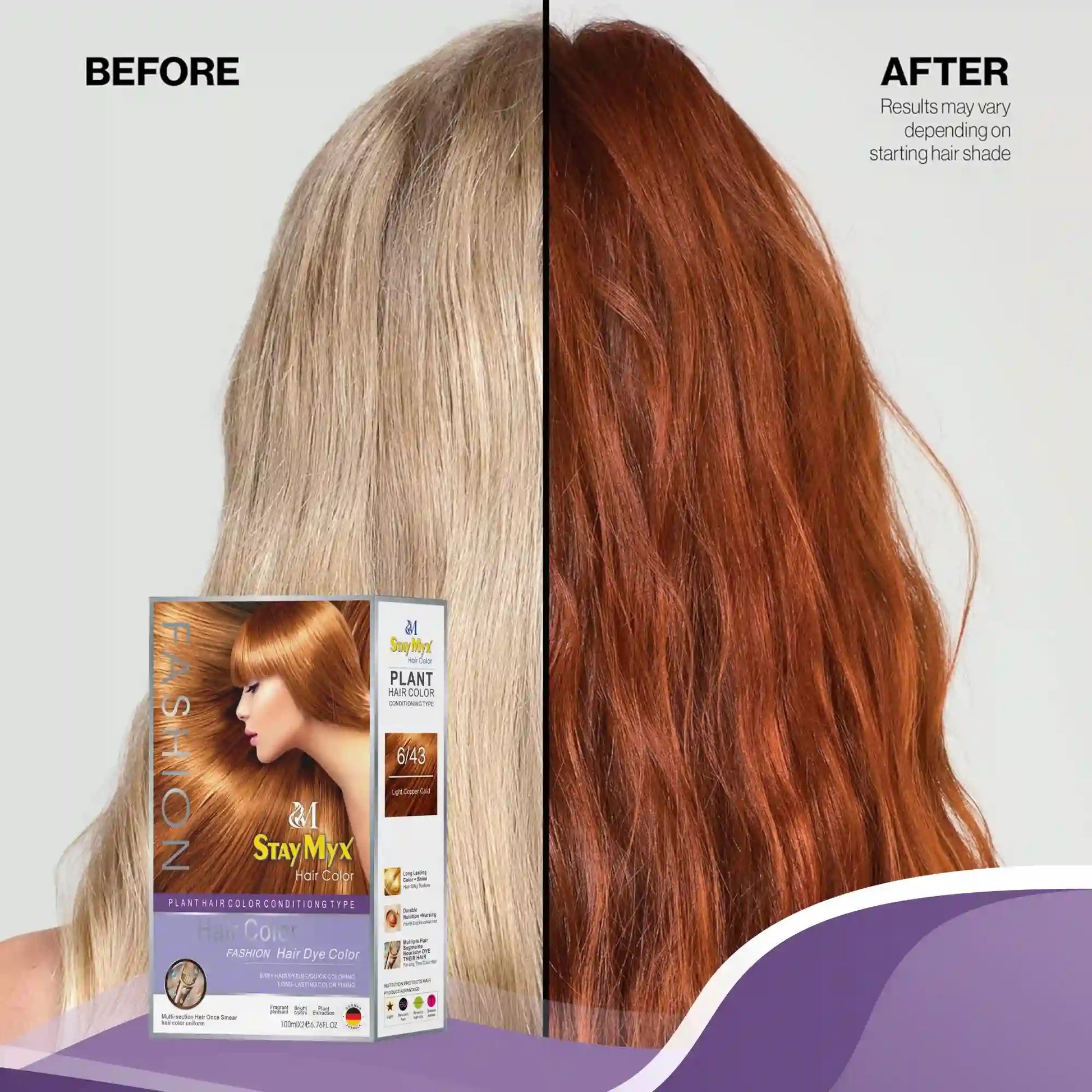 StayMyx Plant Hair Color in 6/43 Light Copper Gold; a professional conditioning German formula designed for radiant warm auburn results, ultra-soft deep shine, and a comfortable application without skin staining.