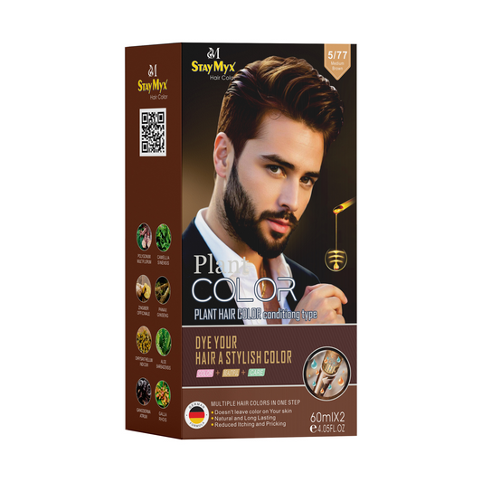 StayMyx 5/77 Medium Brown Plant Hair Color for Men, Ammonia-Free German Formula for Natural Looking Hair and Beard Dye, Professional Permanent Color with 8 Herbal Extracts for 100% Grey Coverage.