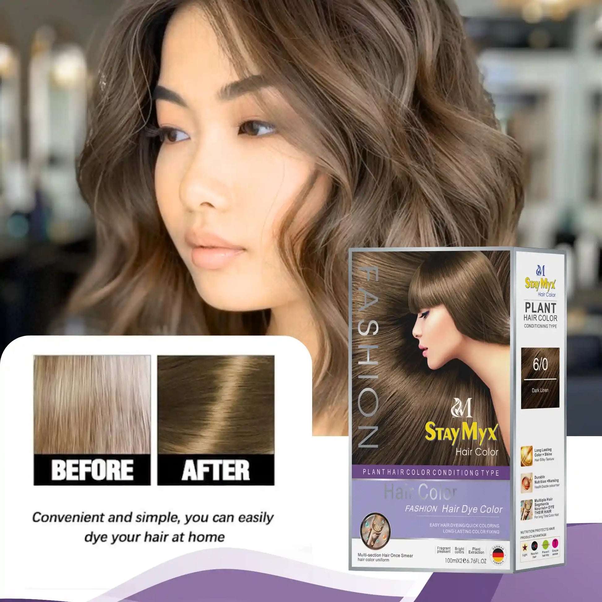 StayMyx 6/0 Dark Linen Hair Color Before and After, Professional Ash Brown Transformation at Home, Easy to Use Ammonia-Free German Formula for Salon-Quality Results.